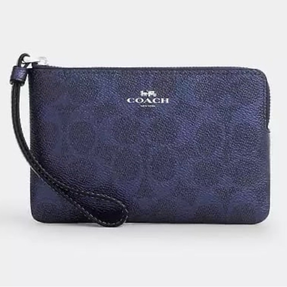 Coach Metallic Blue Pebbled Leather Zip Clutch Wristlet Wallet - Picture 1 of 4